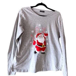 Project Womens Gray Long Sleeve Santa Candy Cane‎ Joy Christmas Top EUC Size M